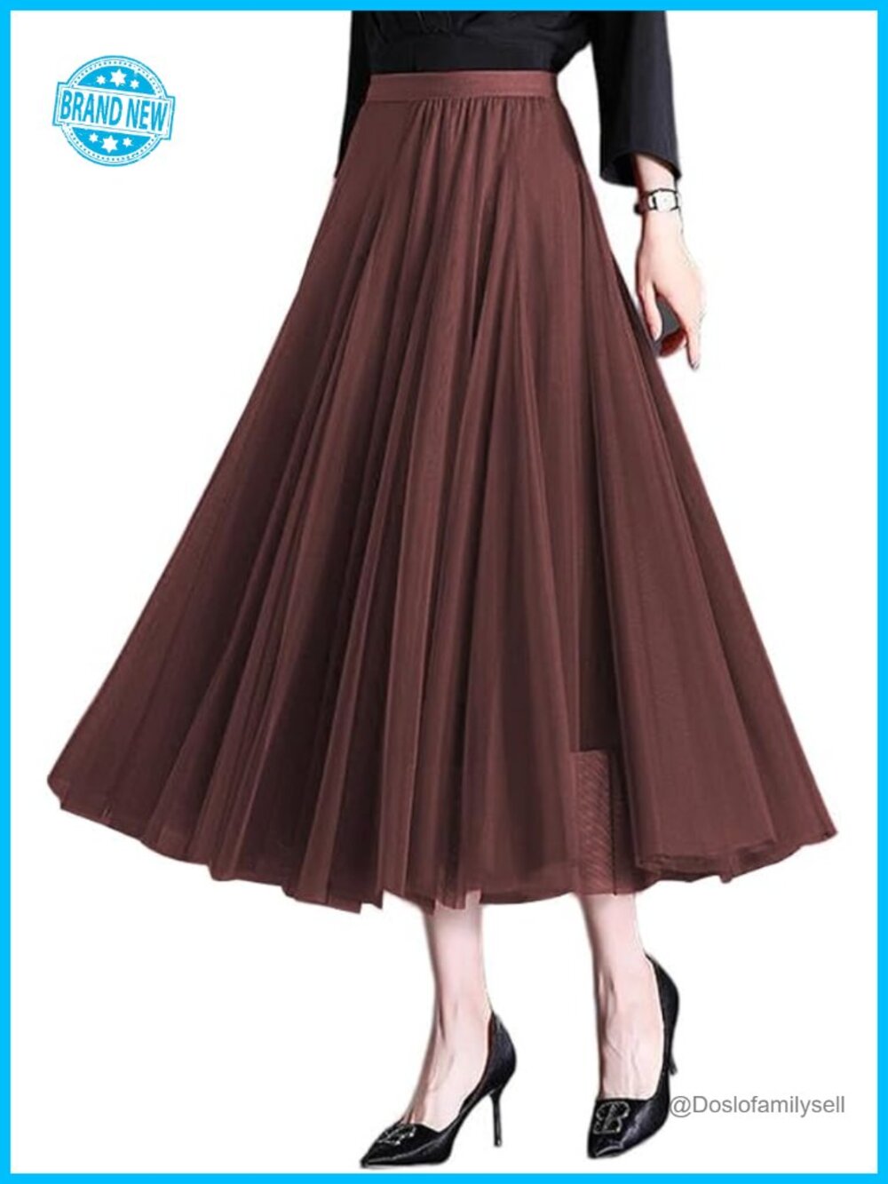 3-Layer Tulle Midi Skirt Elastic High Waist A-Line Flowy Mesh Tutu Maxi Skirt